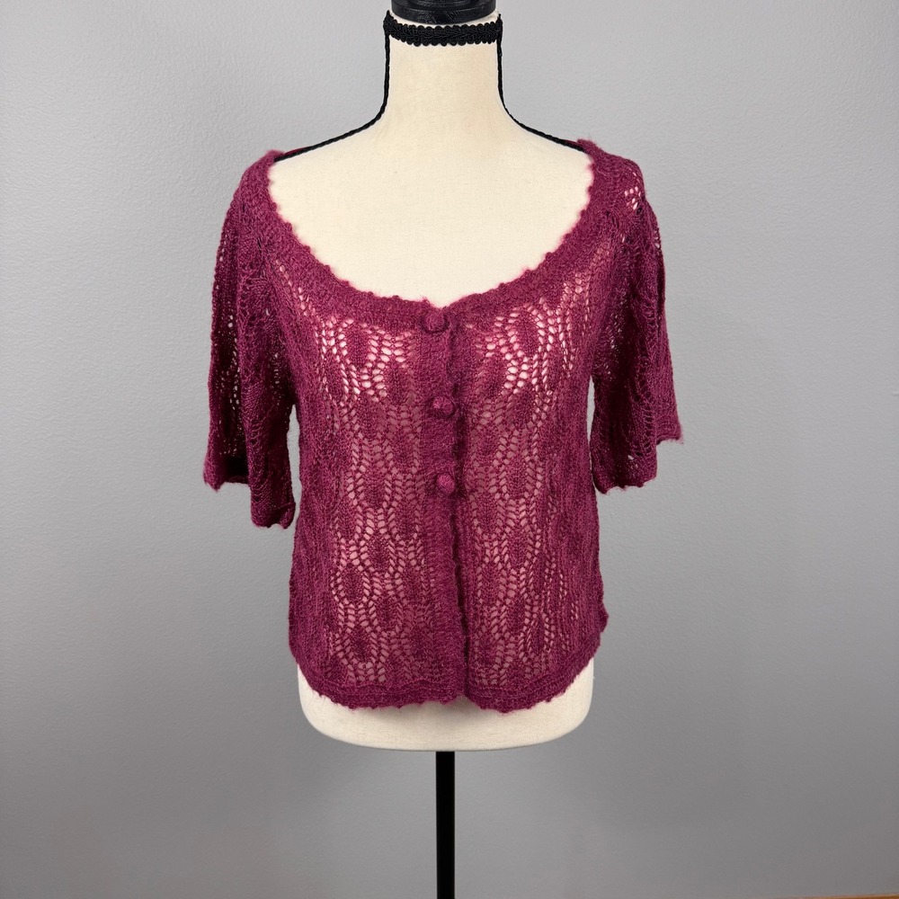 Aryeh Cardigan Womens Medium Magenta NWT Pointelle Mohair Short Sleeve Knit
